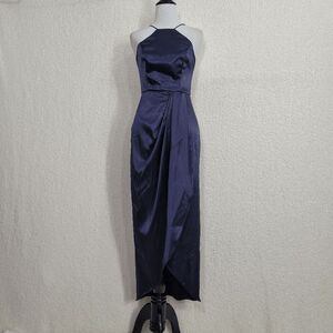 After Six 6829 Stretch Midnight Navy Charmeuse Halter Tulip Skirt Midi Dress 2R